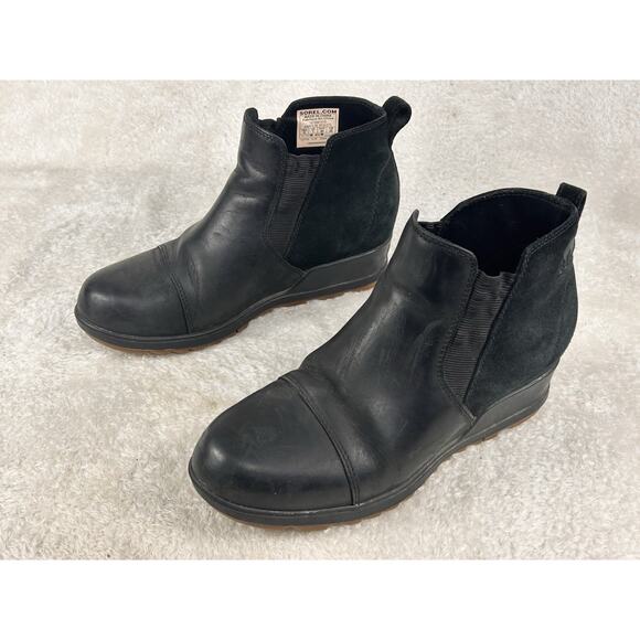 Sorel Evie Wedge Chelsea Boots Womens Ankle Booties Black Leather Size 9 - Picture 2 of 8